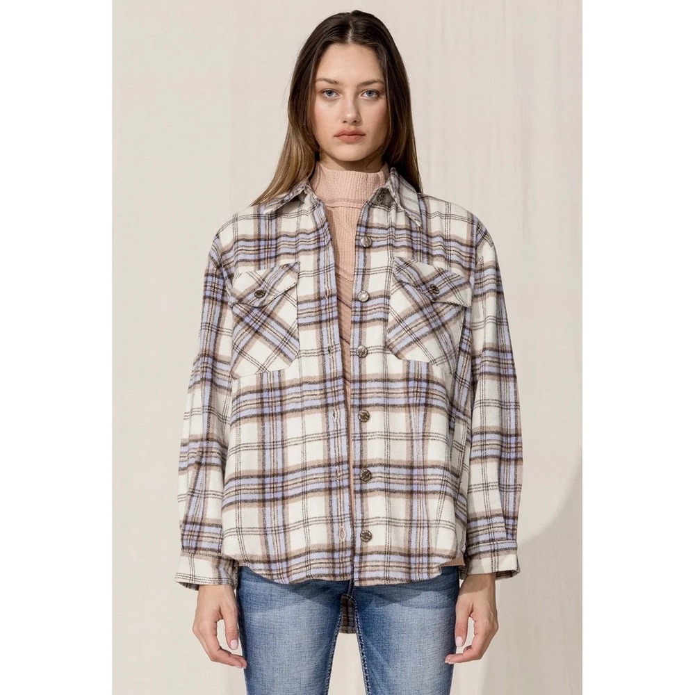 Miss Me Womens Plaid Shacket Button Front Flannel Shirt Jacket Cream Blue Small